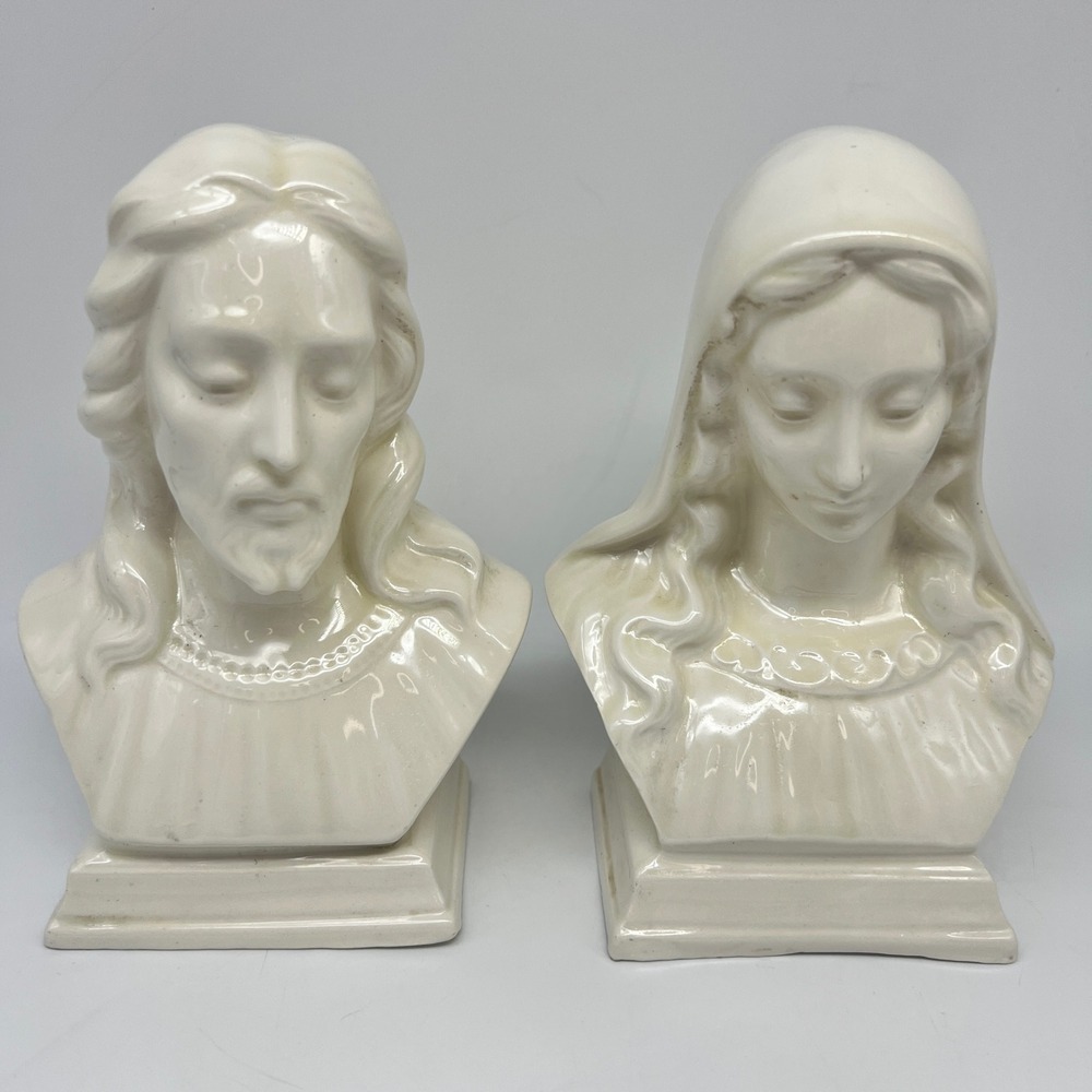 Vtg Holland Mold Jesus and Mary Bust Set White Ceramic Religious Statues 8in